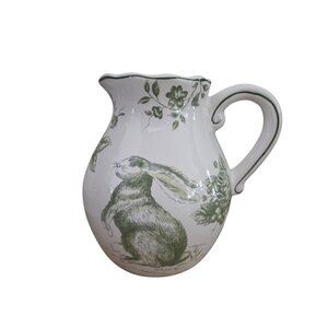 Maxcera Green & White Rabbit Roses Toile Floral Ceramic Vase Pitcher 8.5" New